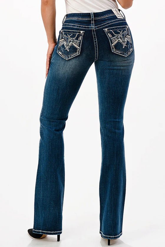 Grace In L.A 3D Steer Head Mid Rise Bootcut Jeans